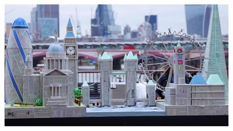 Artist Recreates London Skyline Using Recycled Newspapers