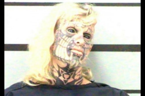 Ghoulish Mugshot Of Transsexual Performer With Tattooed Eyeballs